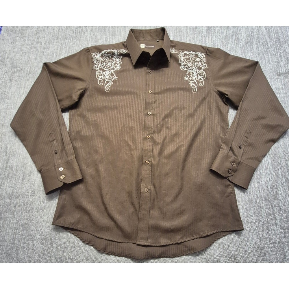 Level Ten men's brown western style shirt XL white details button up rodeo